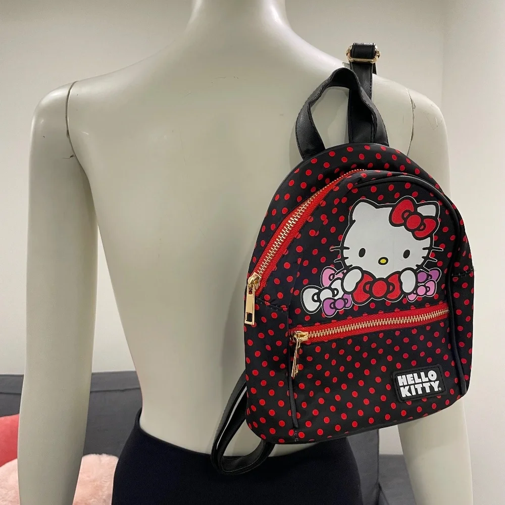 HELLO KITTY Sanrio Mini Backpack with Zipped Front Pocket Black Red Polka Dots - Picture 2 of 15